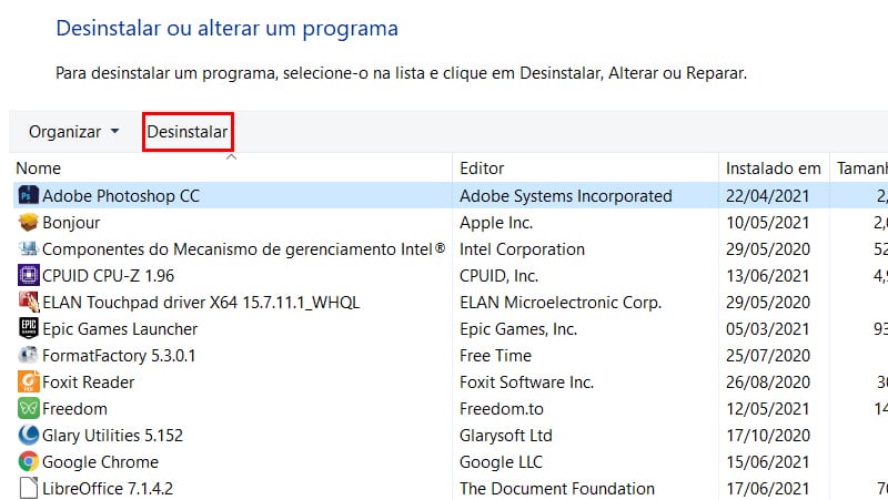 desinstalar programa no windows