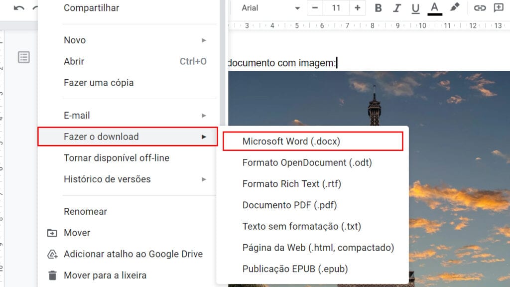 Na imagem vemos o passo a passo para baixar o documento como docx do word