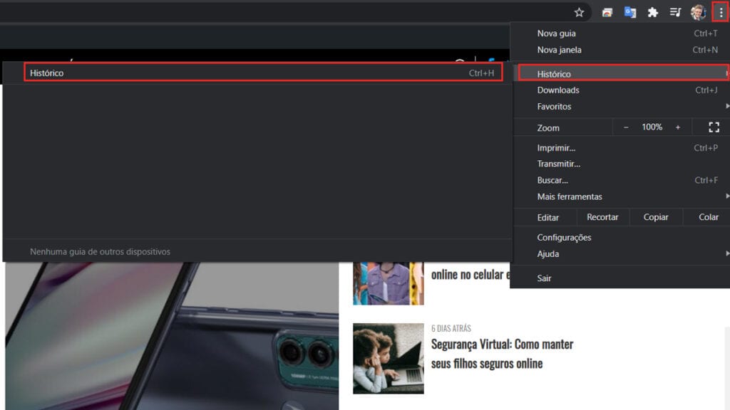 Na imagem vemos a aba histórico no google chrome