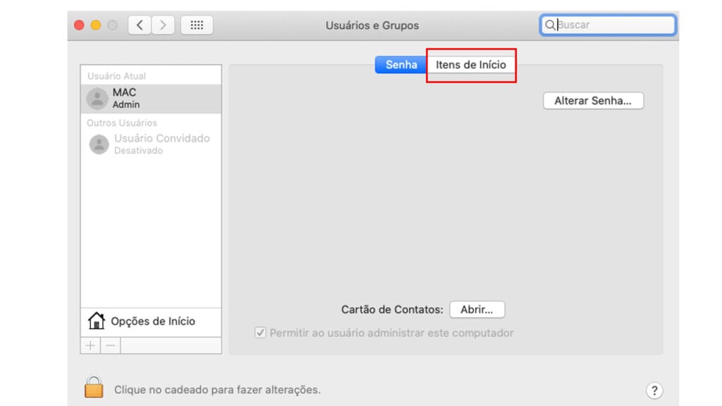 Na Imagem vemos em destaque o menu Itens de Inicio dos computadores Mac