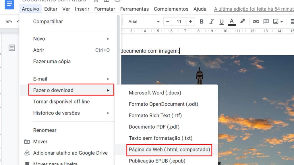 Na imagem vemos o passo a passo para baixar a página da web como arquivo, clicando em arquivo e logo em seguida página da web