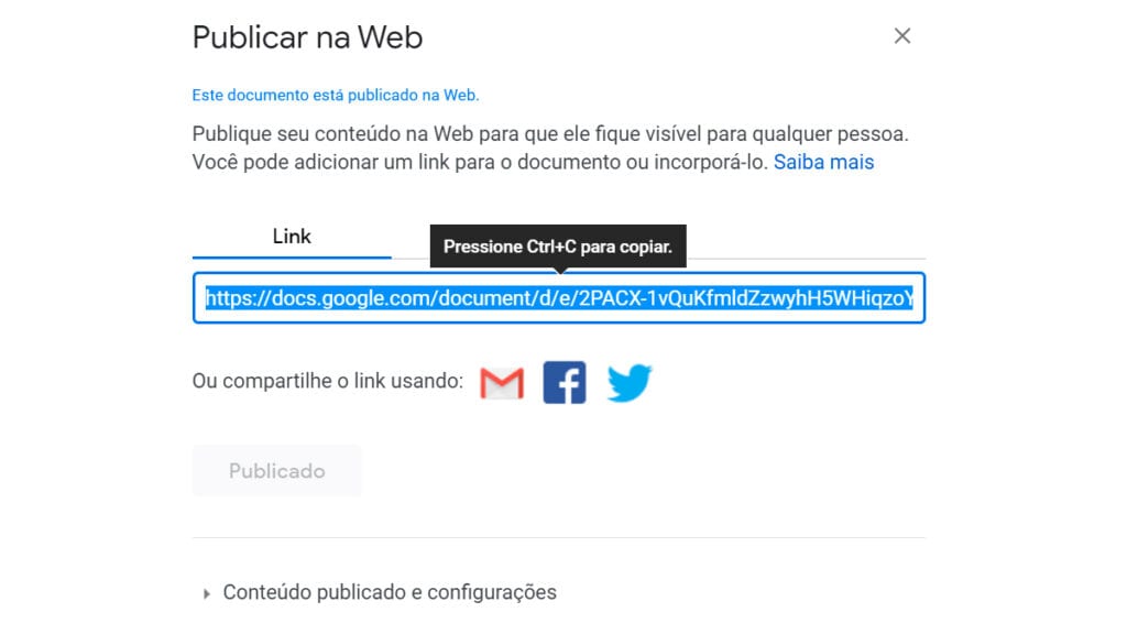 Na imagem vemos a janela de geração de link que aparece ao publicar na web