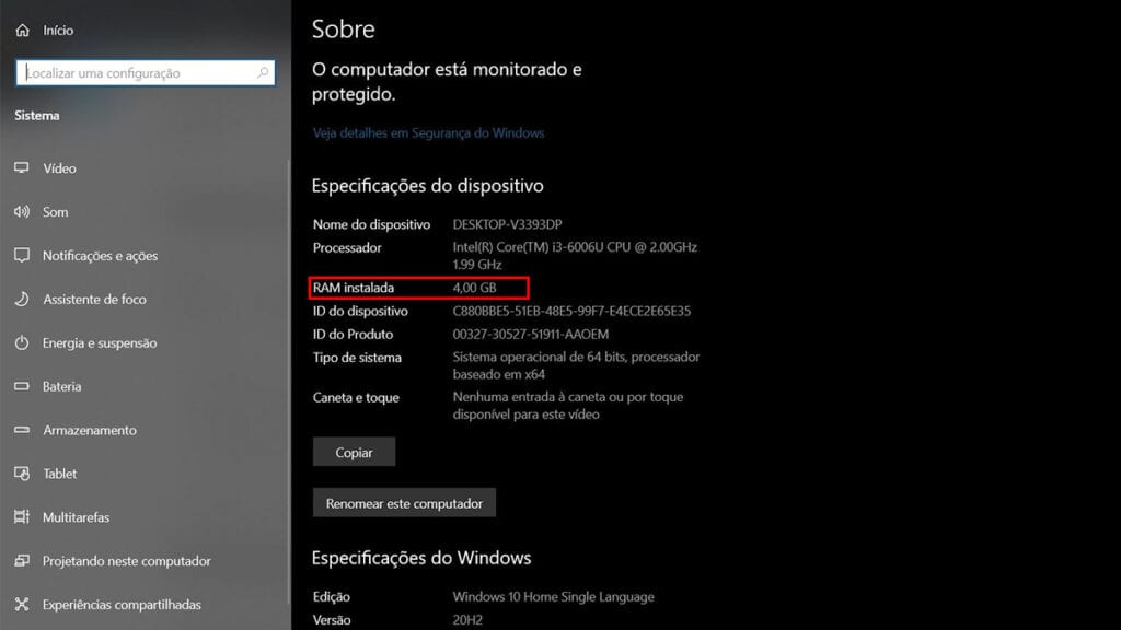 Em especificações do computador, é exibido a memória RAM do computador