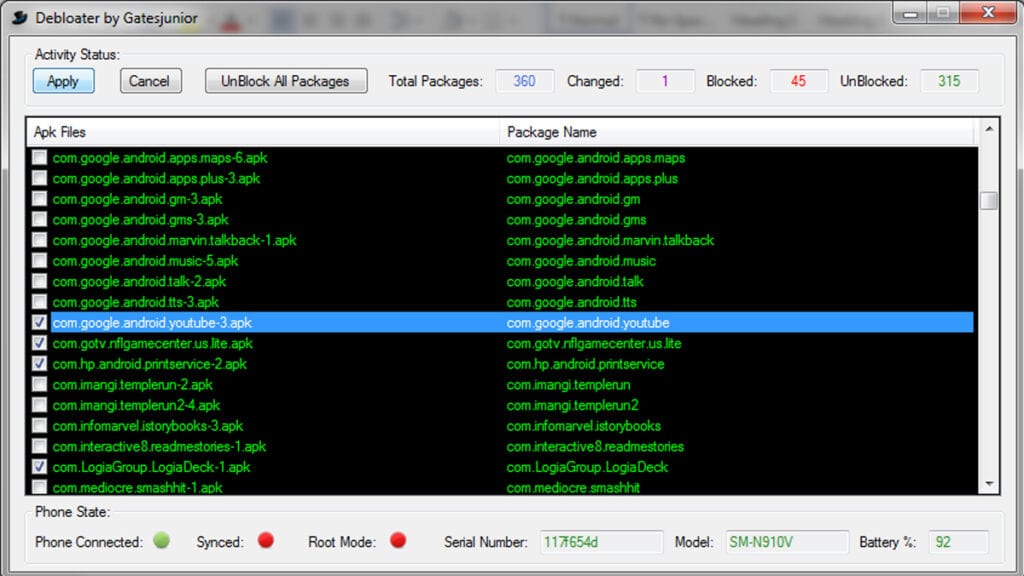 Programa de debloat no computador listando os aplicativos do sistema para remover o GetApps