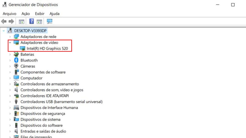 Na imagem vemos onde se localiza a informação sobre a gpu