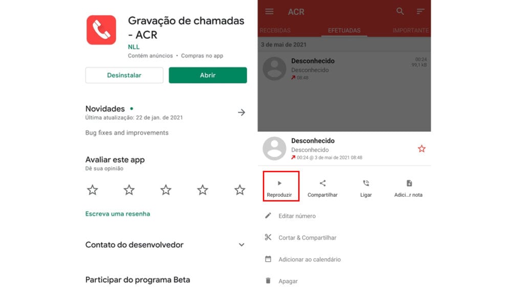 Na imagem é mostrado que facilmente é possivel gravar chamadas telefônicas no aplicativo gravação de chamadas ACR