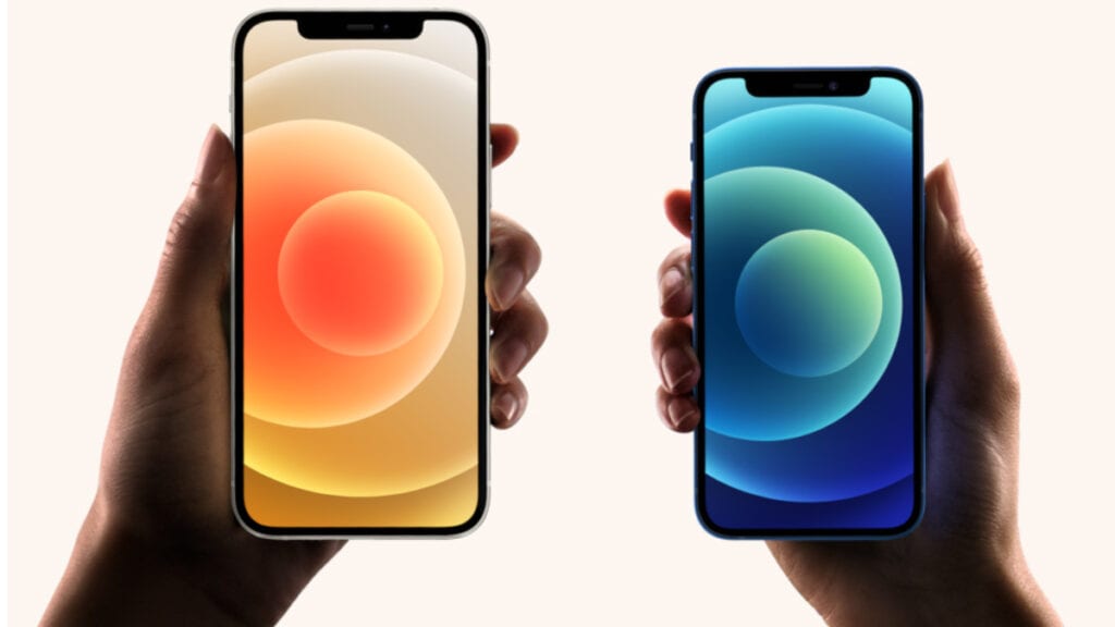 Na imagem vemos os 2 iPhones com suporte a 5G o iPhone 12 e o 12 mini
