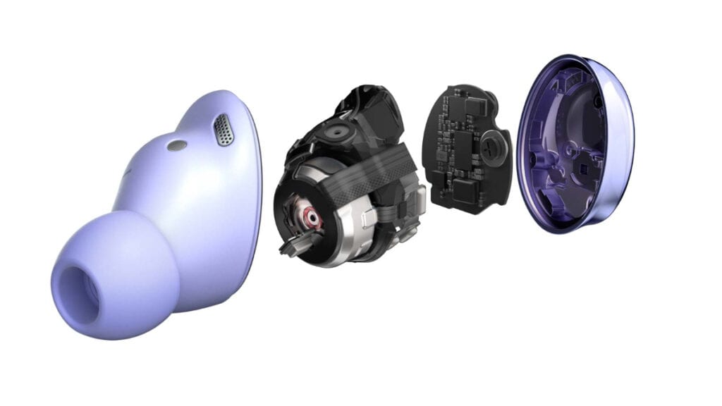 Na imagem vemos a carcaça de dentro dos samsung galaxy Buds pro, mostrando toda sua tecnologia