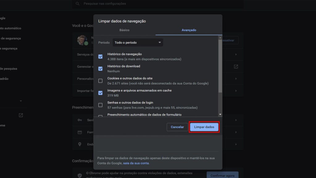 Na imagem vemos a opção de limpar tudo que o google chrome oferece