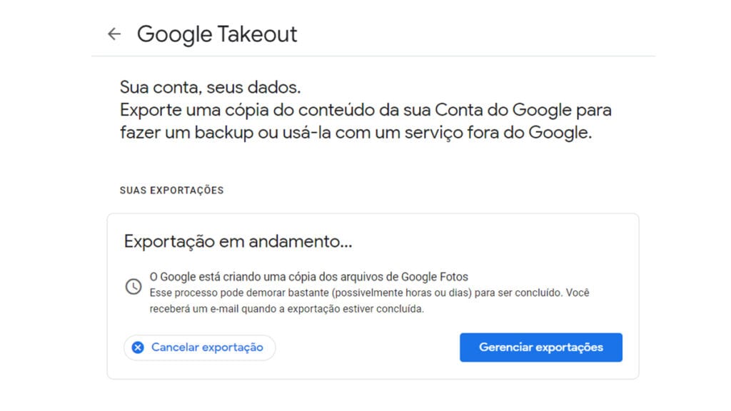 Na imagem vemos a mensagem que o Google exibe sobre a exportação