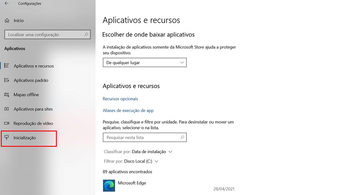 Na imagem está destacado a seção inicialização, que permite ajustar os aplicativos que ligam para ajudar no tempo para o computador iniciar