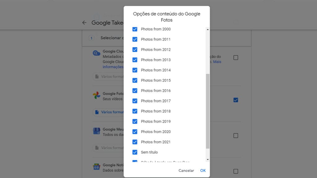 Na imagem vemos a opção do google fotos para você exportar álbuns de fotos