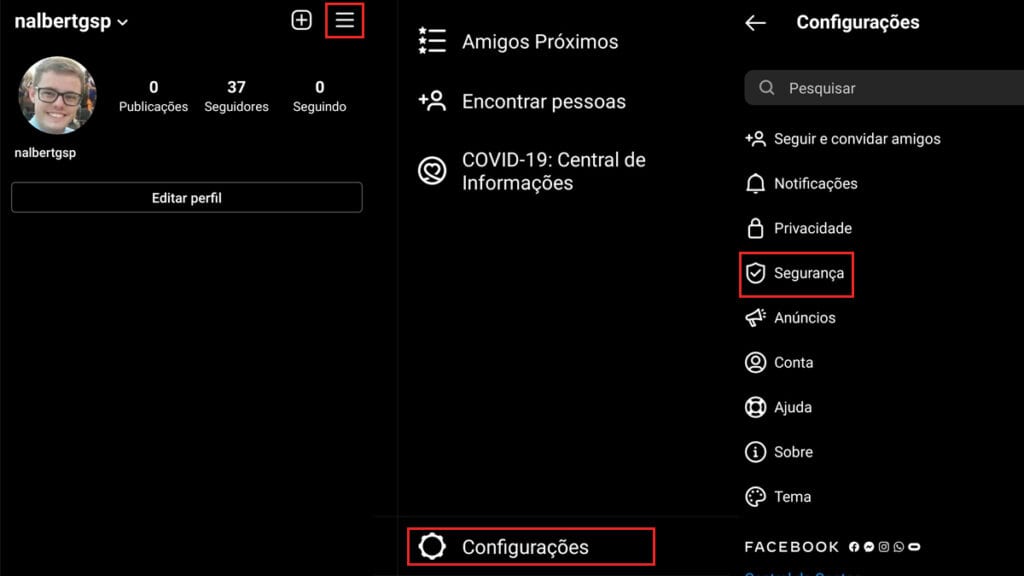 Na imagem vemos as primeiras partes do passo a passo para apagar o histórico do instagram