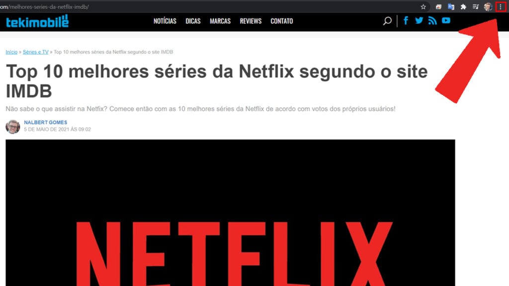 Na imagem vemos o menu de três pontos do Google Chrome