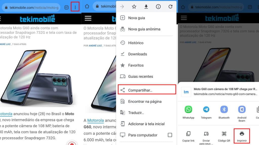 Na imagem vemos o passo a passo no google chrome para transformar o site em pdf