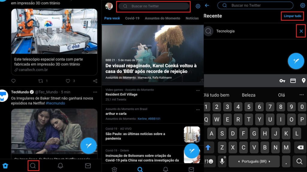 Na imagem vemos o passo a passo do twitter para descobrir como excluir o histórico de navegação