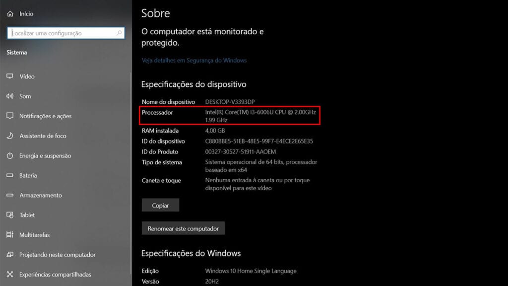 Na imagem vemos a primeira das especificações do computador, o processador ou CPU
