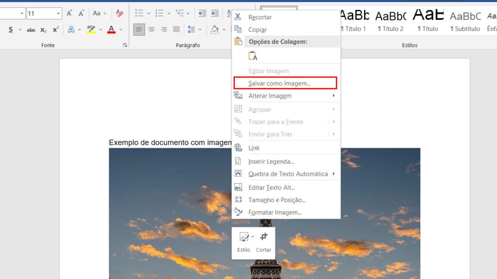 Na imagem vemos como salvar a imagem no documento word apertando o botão direito e clicando em Salvar como Imagem