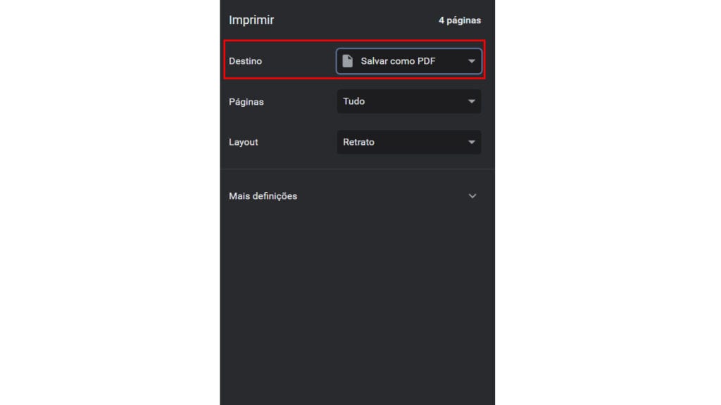 Na imagem vemos a opção de mudar o destino para salvar como pdf