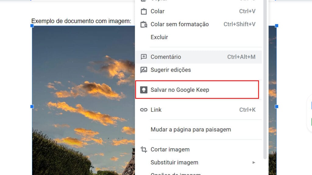 Na imagem vemos como salvar no google keep apertando o botão direito na imagem