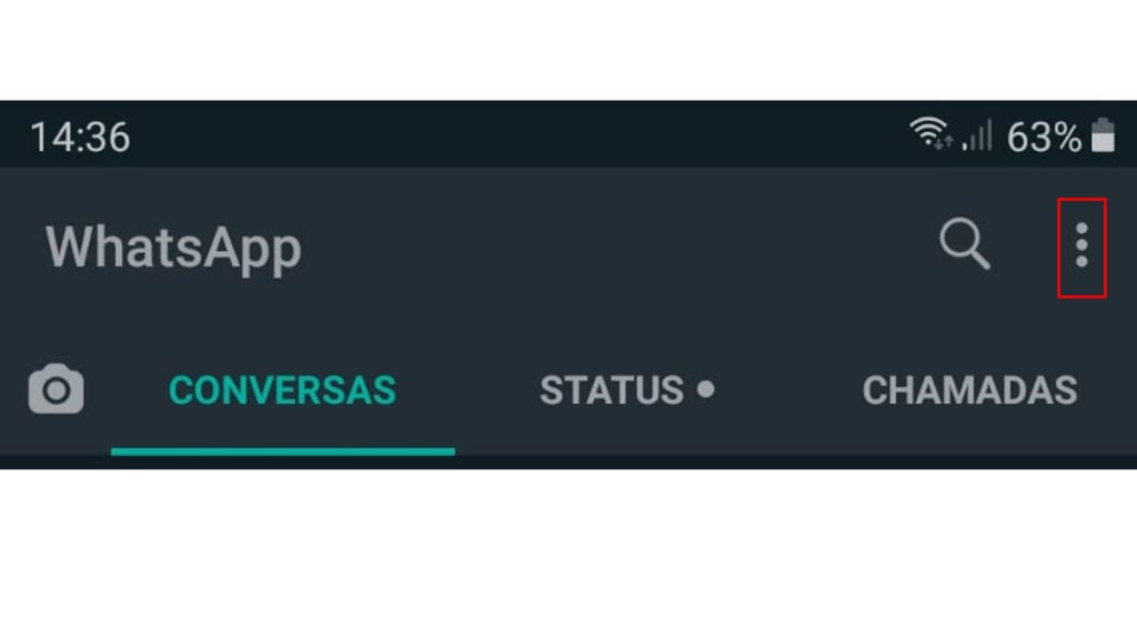 Na imagem vemos o menu superior direito para começar o passo a passos para desbloquear sua conta do WhatsApp