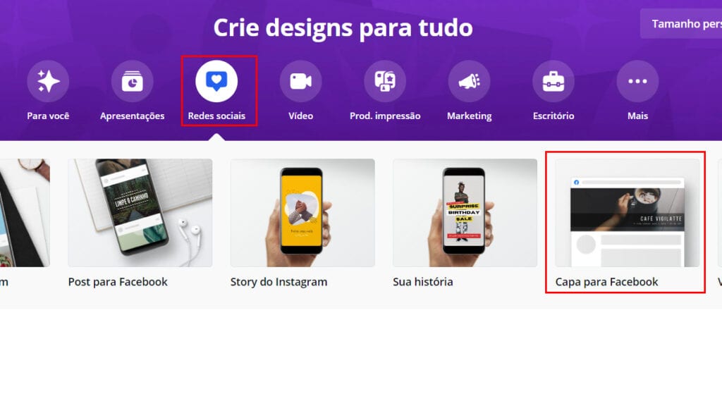 Imagem do canva que permite a criação de capas para Facebook