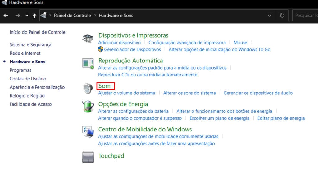 Na imagem vemos a opção sons no menu hardware
