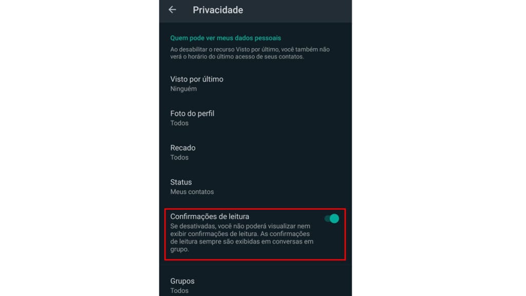 Na imagem vemos a opção de confirmação de leitura do whatsapp que também serve para o status