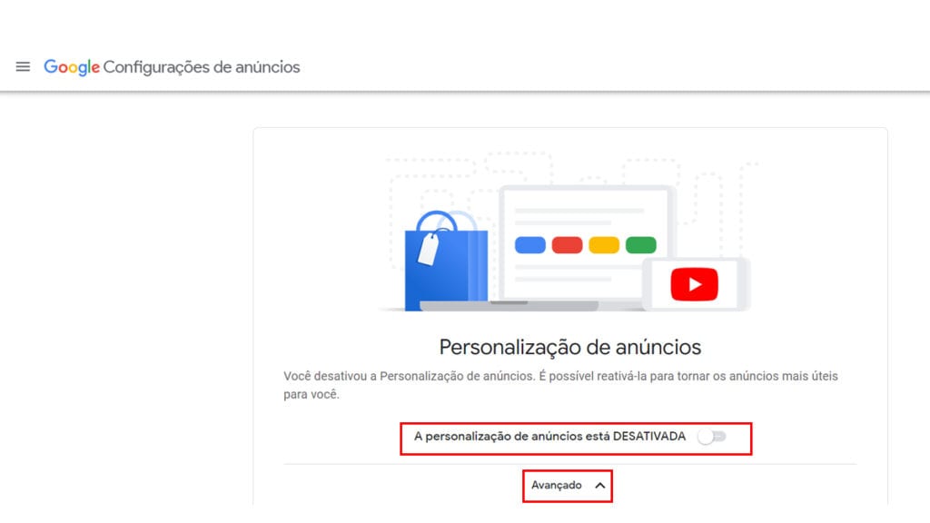 Na imagem vemos a opção que o Google oferece de desativar