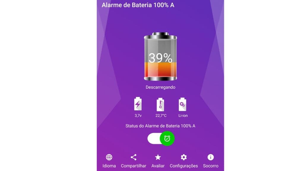 Na tela inicial vemos algumas informações que podem ajudar a preservar a vida útil da sua bateria