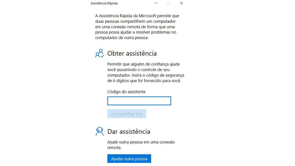 Na imagem vemos as opções que a assistencia do Windows oferece