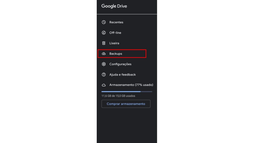 Na imagem vemos a opção de backups do aplicativo do drive
