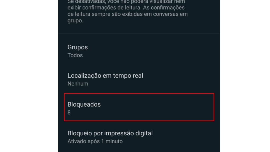 Opção de bloqueados no menu privacidade