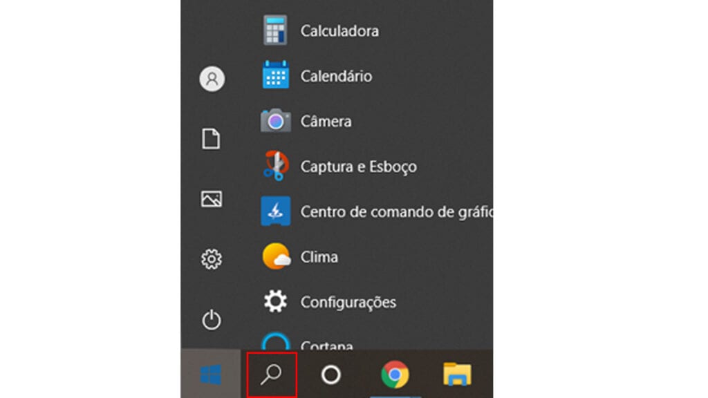 Clique no menu de busca da barra de tarefas