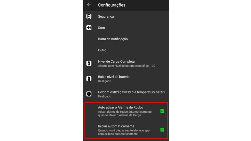 No menu de configurações é necessários ativar duas opções para o alerta de roubo