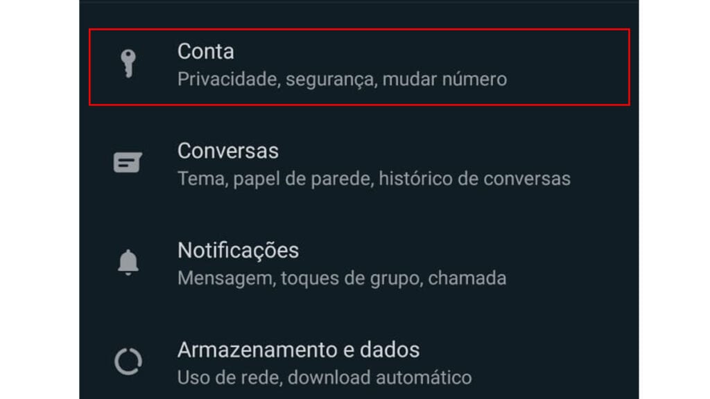 Opção de conta nas configurações do whatsapp