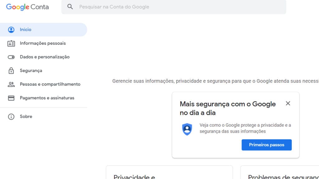 Na imagem vemos as configurações da conta google