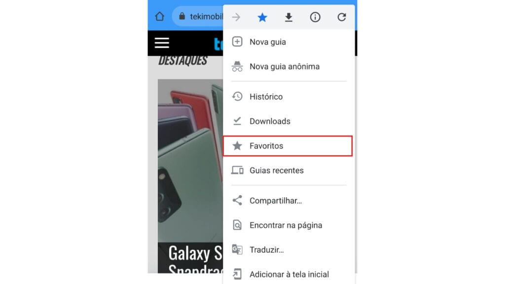 Na imagem vemos a opção favoritos que é exibido no menu de 3 pontos