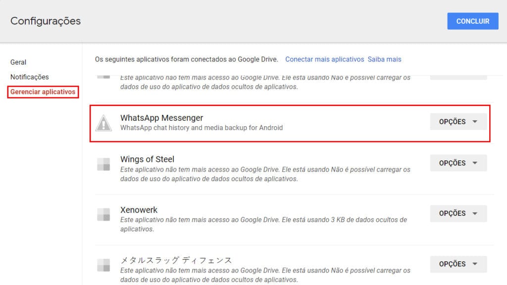 Na imagem vemos a opção do google drive para acessar o backup do WhatsApp