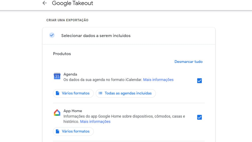 Na imagem vemos como criar a exportação das fotos e vídeos do Google