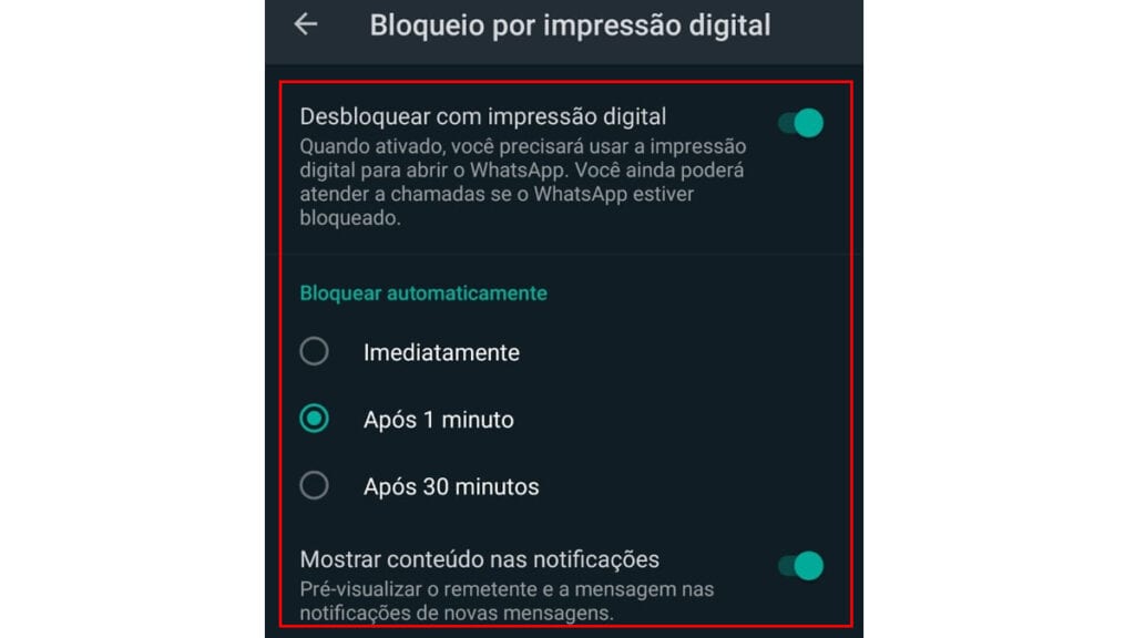 configurações do leitor de digital