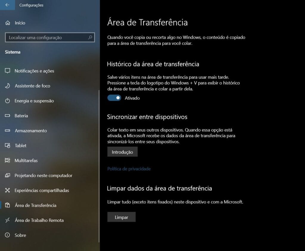 Na imagem vemos o menu que permite limpar seus dados da area de transferencia