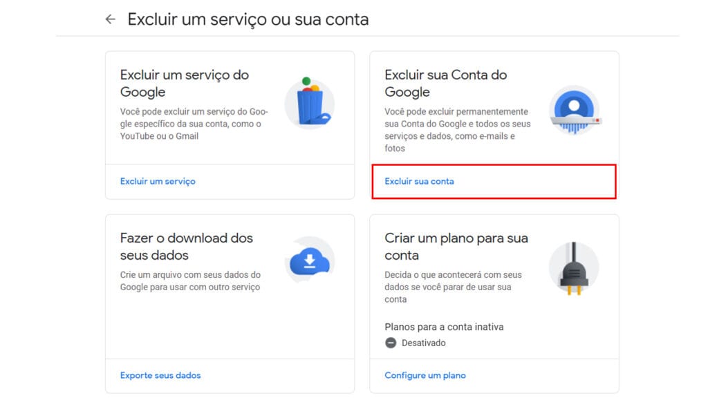 Na imagem vemos a opção para apagar sua conta que o Google oferece