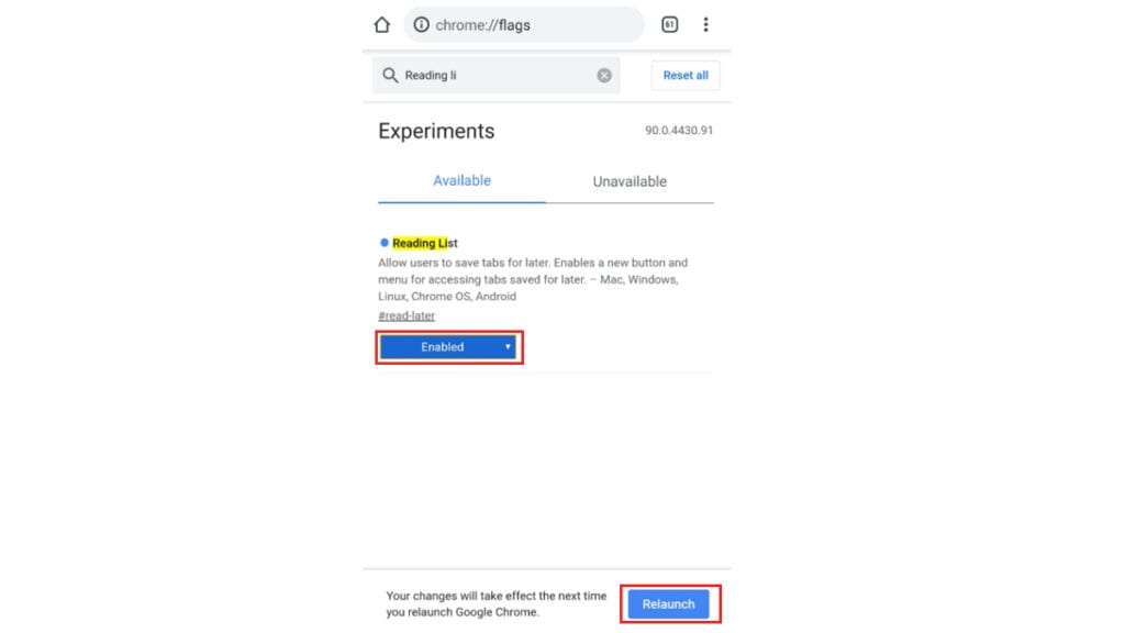 ao ativar a opção de lista de leitura como visto na imagem, será necessário reiniciar o aplicativo
