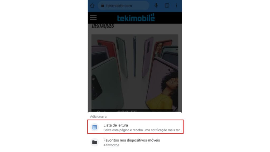 A opção lista de leitura é exibida ao tocar na estrela, como mostrado na imagem