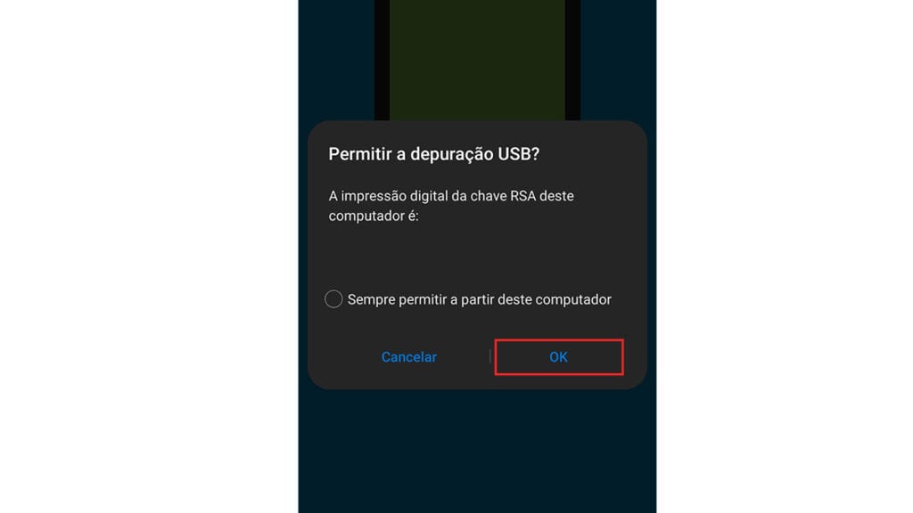 Na imagem vemos a tela exibida no celular para permitir a depuração usb