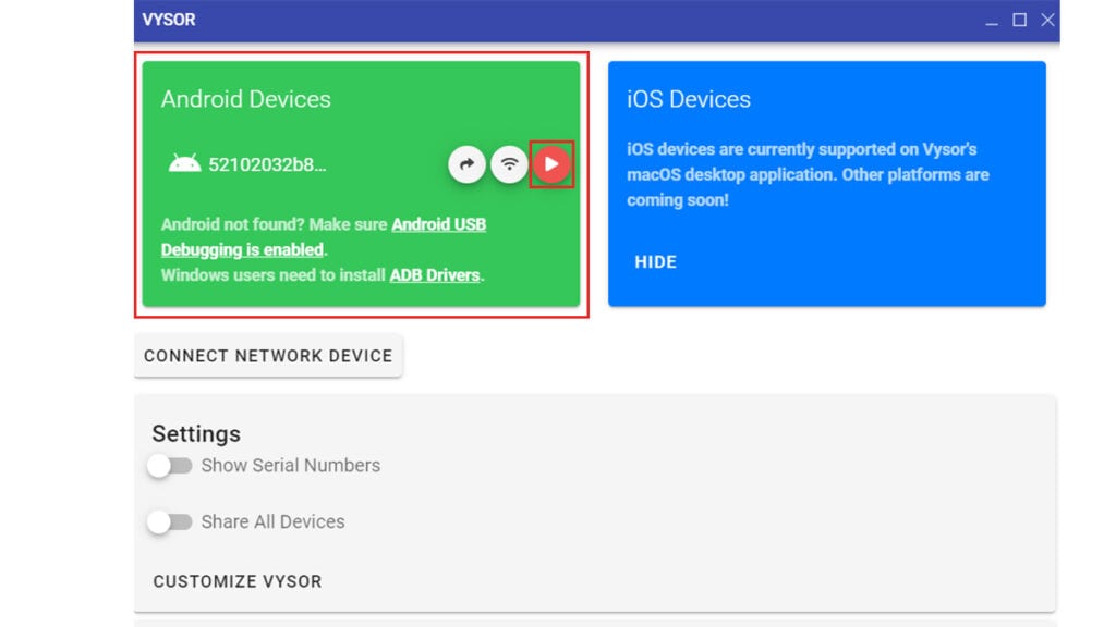 Na imagem vemos o programa de computador do vysor, ele ja reconheceu o celular, agora basta clicar no icone de espelhamento mostrado na imagem