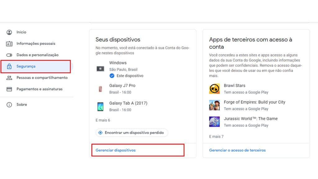 clique em segurança e em gerenciar dispositivos para tirar a conta da Google do seu celular