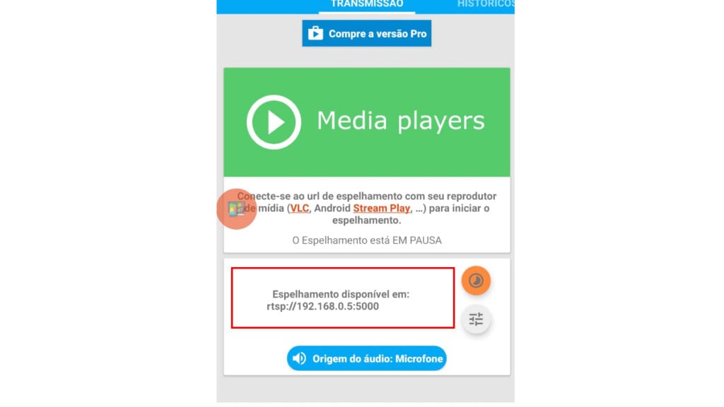 Na imagem vemos a url que o aplicativo exibe, para espelhar a tela do android