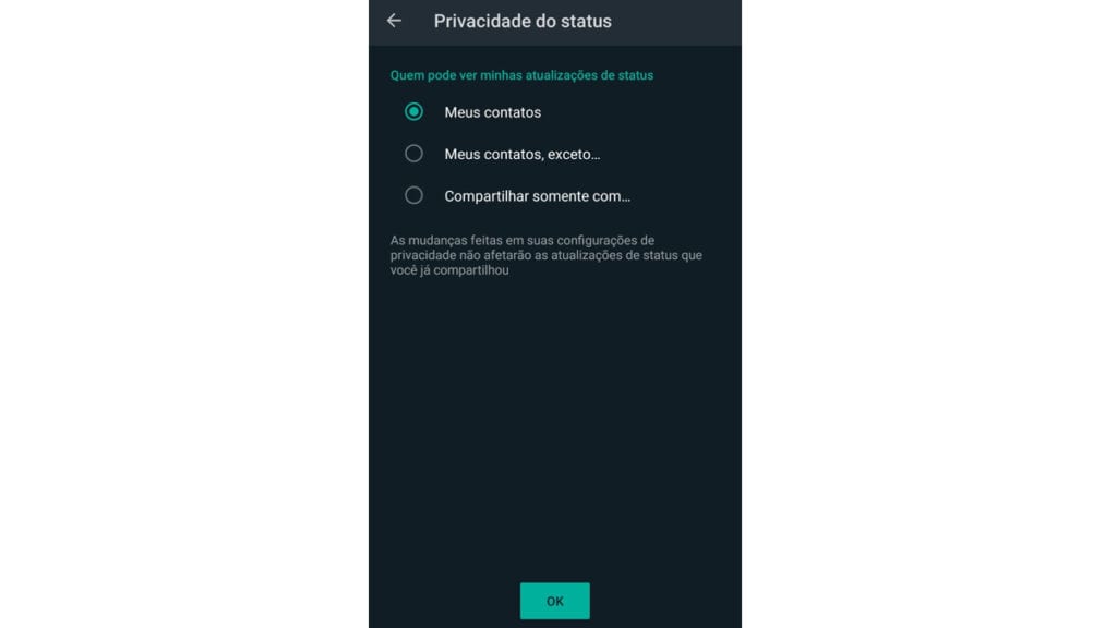 Na imagem vemos as configurações de privacidade do status